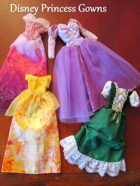 DISNEY PRINCESS DRESSES: PURPLE, YELLOW, GREEN, PINK - DISNEY LOT of 4